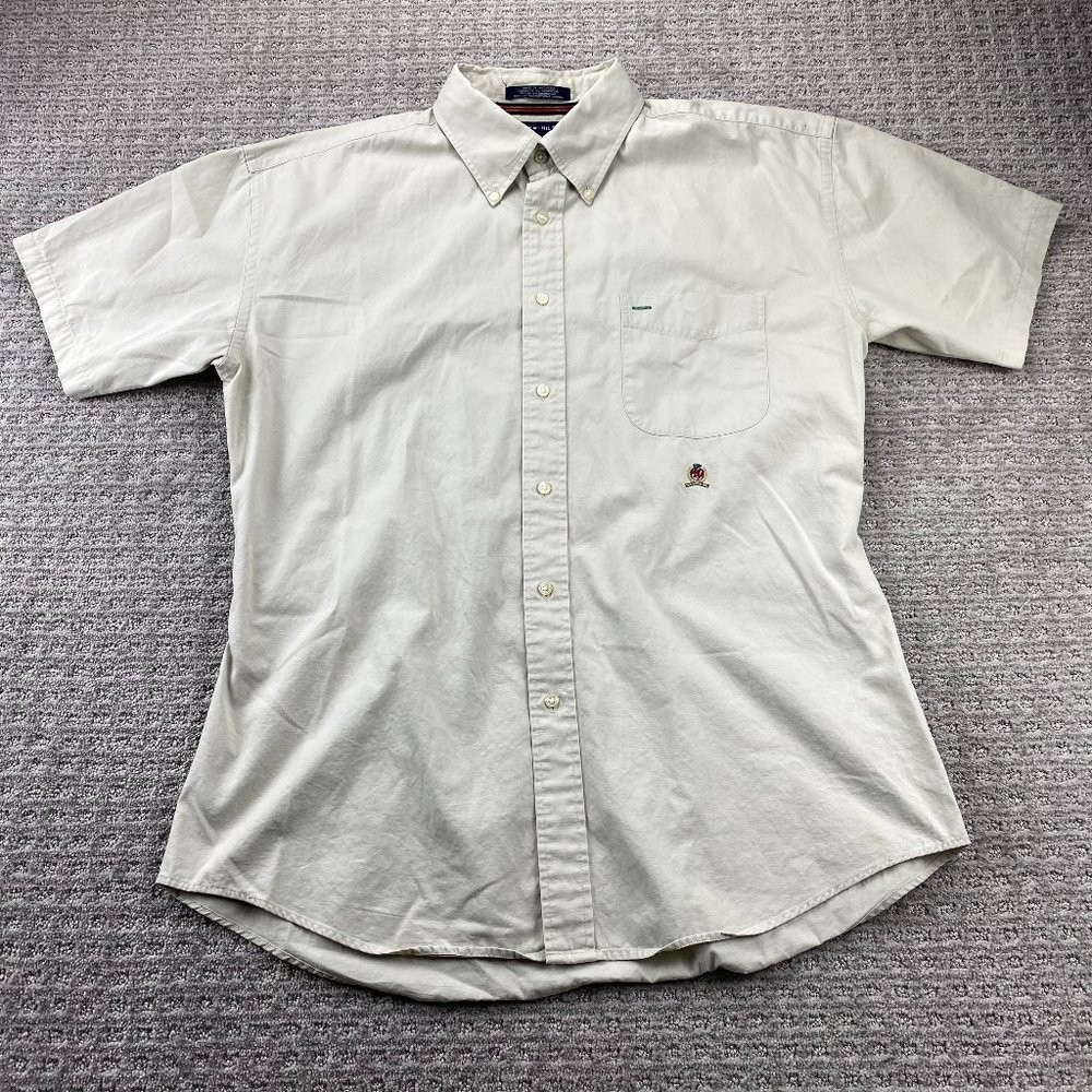 Vintage Tommy Hilfiger Shirt Men Extra Large XL Khaki Brown Button Down Big Logo